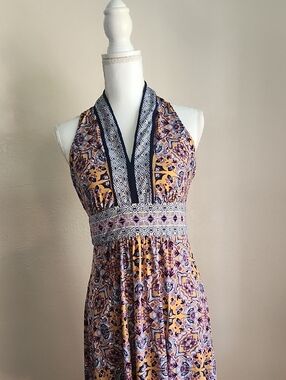 Halter Dress in Mustard Floral Print with Navy Trim